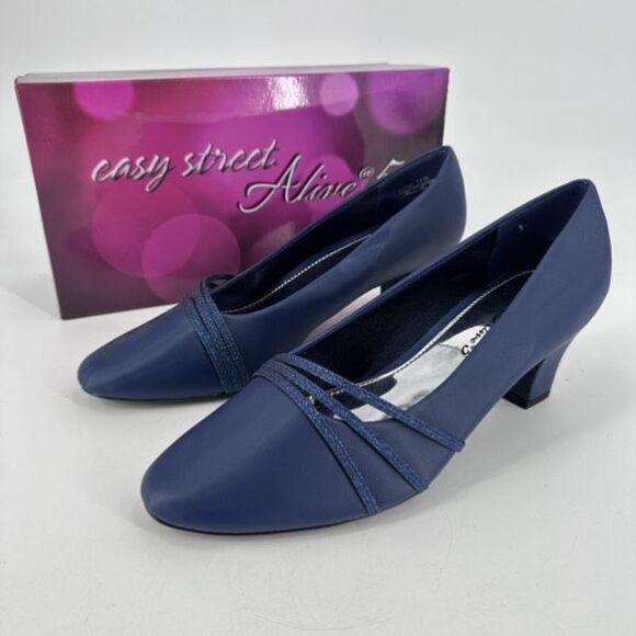 NWT Easy Street Cristiny Women's Pumps Heels Navy Satin Glitter Size 10 Wide - Picture 1 of 10